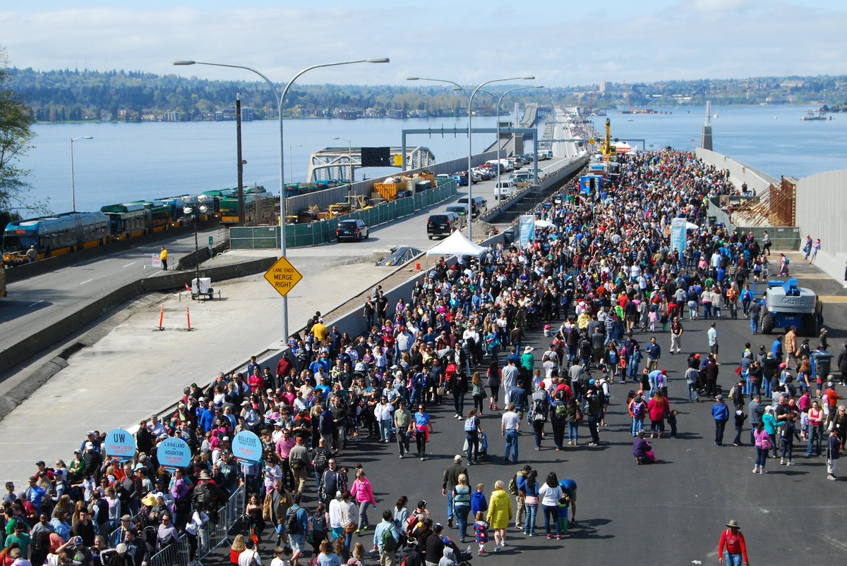 GoodToGoWSDOT's tweet photo. On this week, back in 2016 (when we weren’t social distancing), thousands of people turned out for a big party on @wsdot_520. Do you know what they were celebrating? #TriviaTuesday https://t.co/d9sbOdsBMI