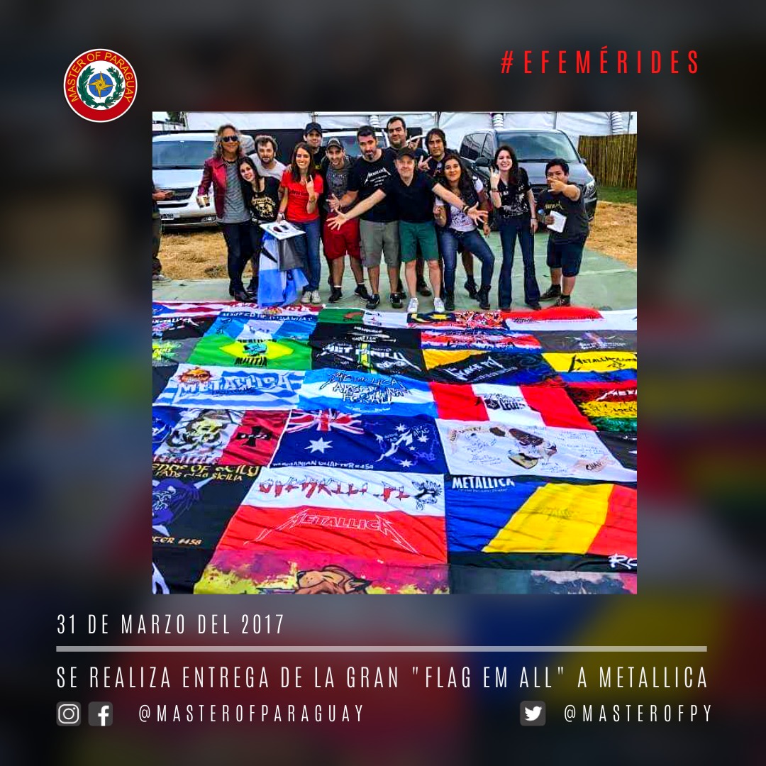 masterofpy's tweet photo. 🗓️ #EFEMÉRIDES | Un día como hoy, pero del 2017, se realizaba la entrega de la mega bandera del proyecto #FlagEmAll en manos de la propia banda. 💥
🇵🇾 Unas 49 banderas fueron reunidas en total, donde por supuesto la de #MasterOfParaguay estuvo presente🤘 https://t.co/diV31ULzyt