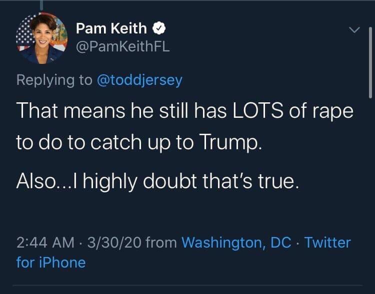 ericbumpus's tweet image. Translation: A lawyer running for office in Florida as a Democrat supports rape just so long as it’s been done less times than the other guy has committed and she only believes women if the guy she’s accusing is a Republican. @PamKeithFL