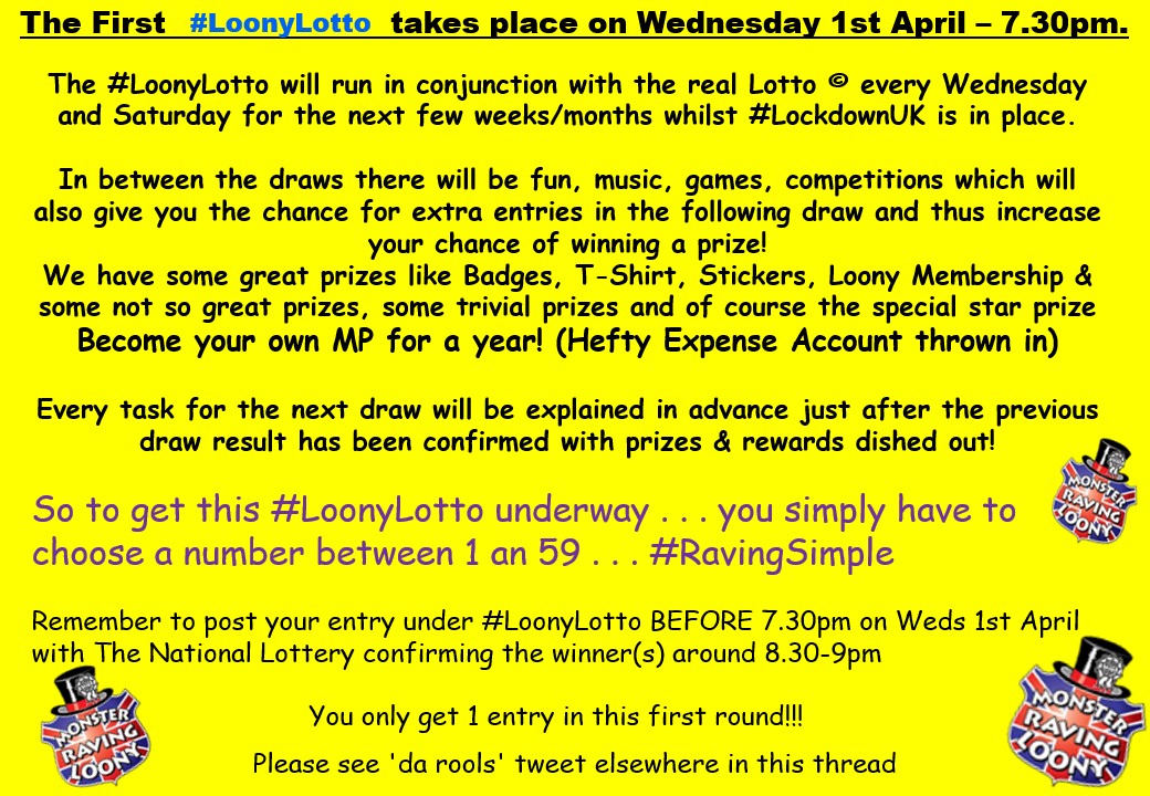  #LoonyLotto is now LIVE - Remember to read tda rools elsewhere on this thread and to submit all entries under the hashtag  #LoonyLotto or they will not count!Enjoy and  #StaySafeSaveLives