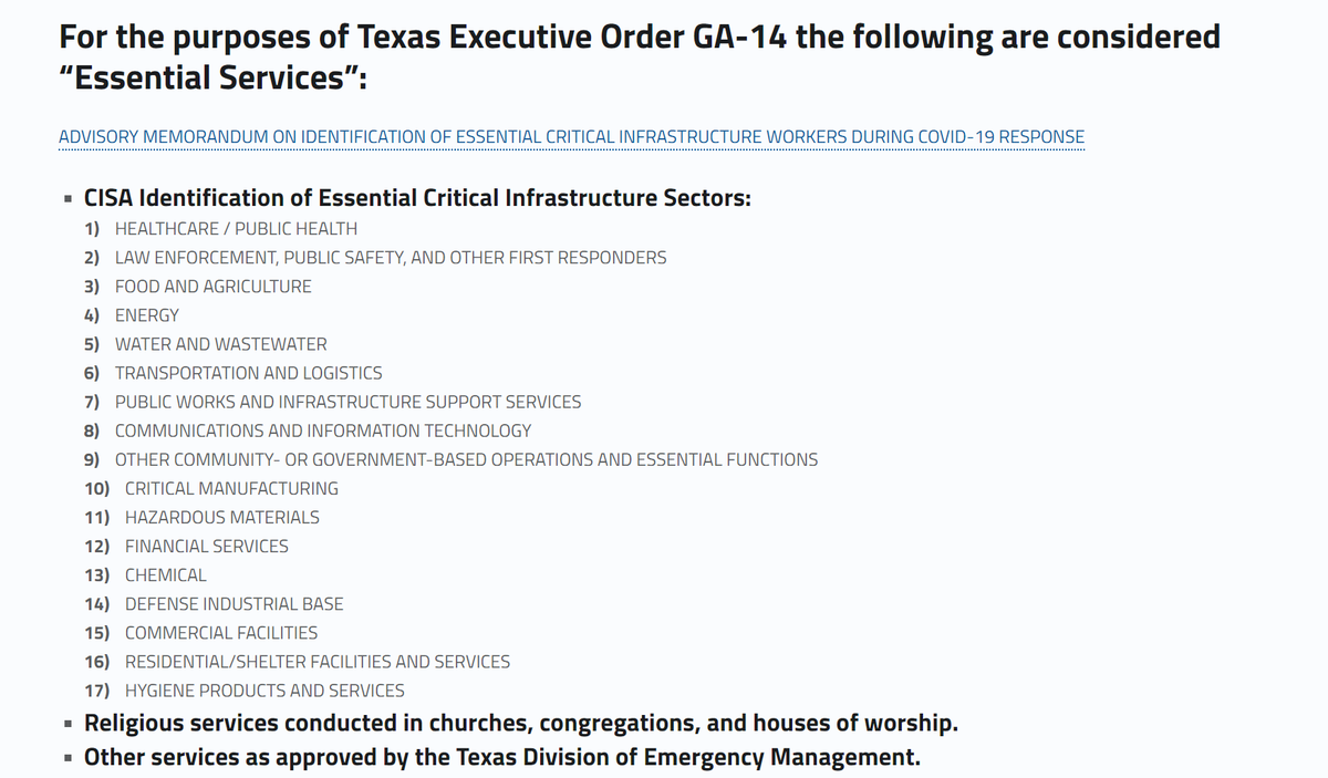 NOW: here is the list of "essential services" mandated by <a href="/GovAbbott/">Greg Abbott</a> - says non-essential businesses can operate via teleconference.  

Will remain in effect until April 30.

Schools in TX will remain closed until, at least, May 4.

<a href="/wfaa/">WFAA</a>