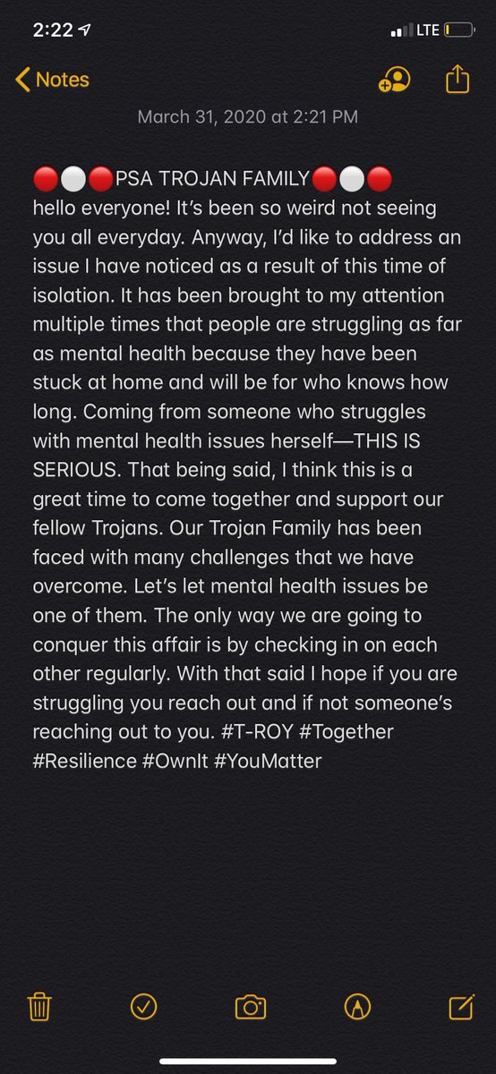 A great message we would like to pass along from our fellow Trojan, Amaya Jackson ❤️