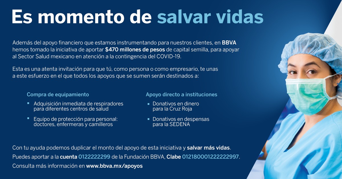 BBVA_Mex's tweet photo. Ayúdanos a salvar vidas. 💙 Donamos 470 millones de pesos para respiradores y material de protección para el personal del sector público de salud. 😷 Únete. #YoMeQuedoEnCasa https://t.co/2U9lK77nbl