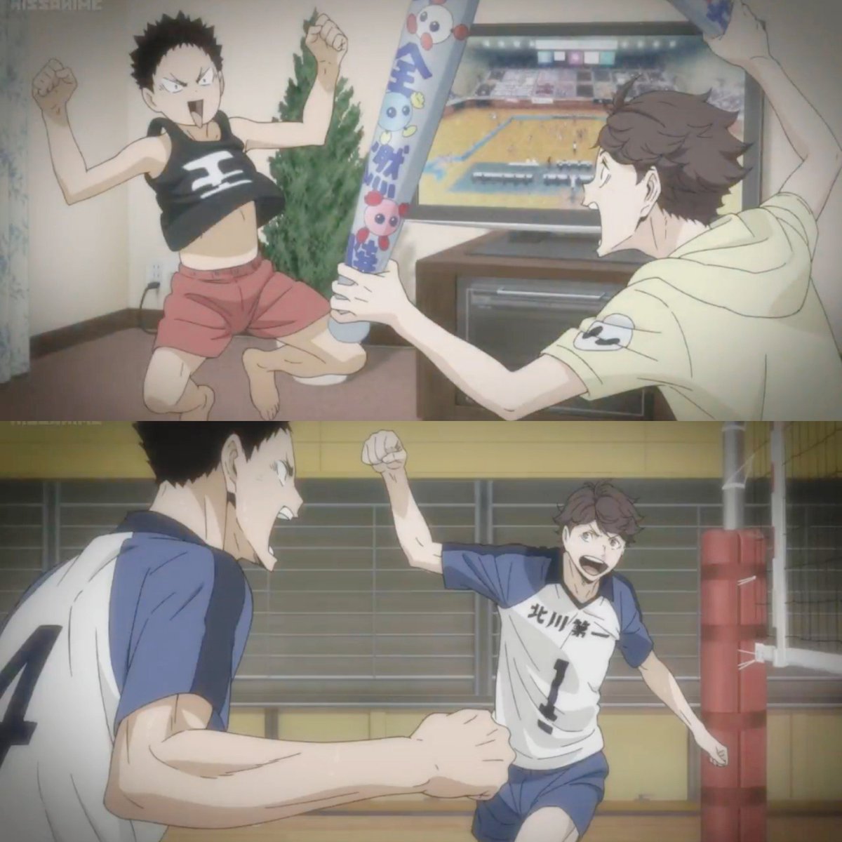 AND HOW THEY WON'T GIVE UP ON THEIR RIVALRY WITH EACH OTHER? GODDAMMIT YALL. and when they showed clips of babie/middle school/early high school iwaoi i literally fucking CRIED. GOD. THESE TWO. HOW COULD YOU SEPARATE THEM FURUDATE??? WHYYYYY