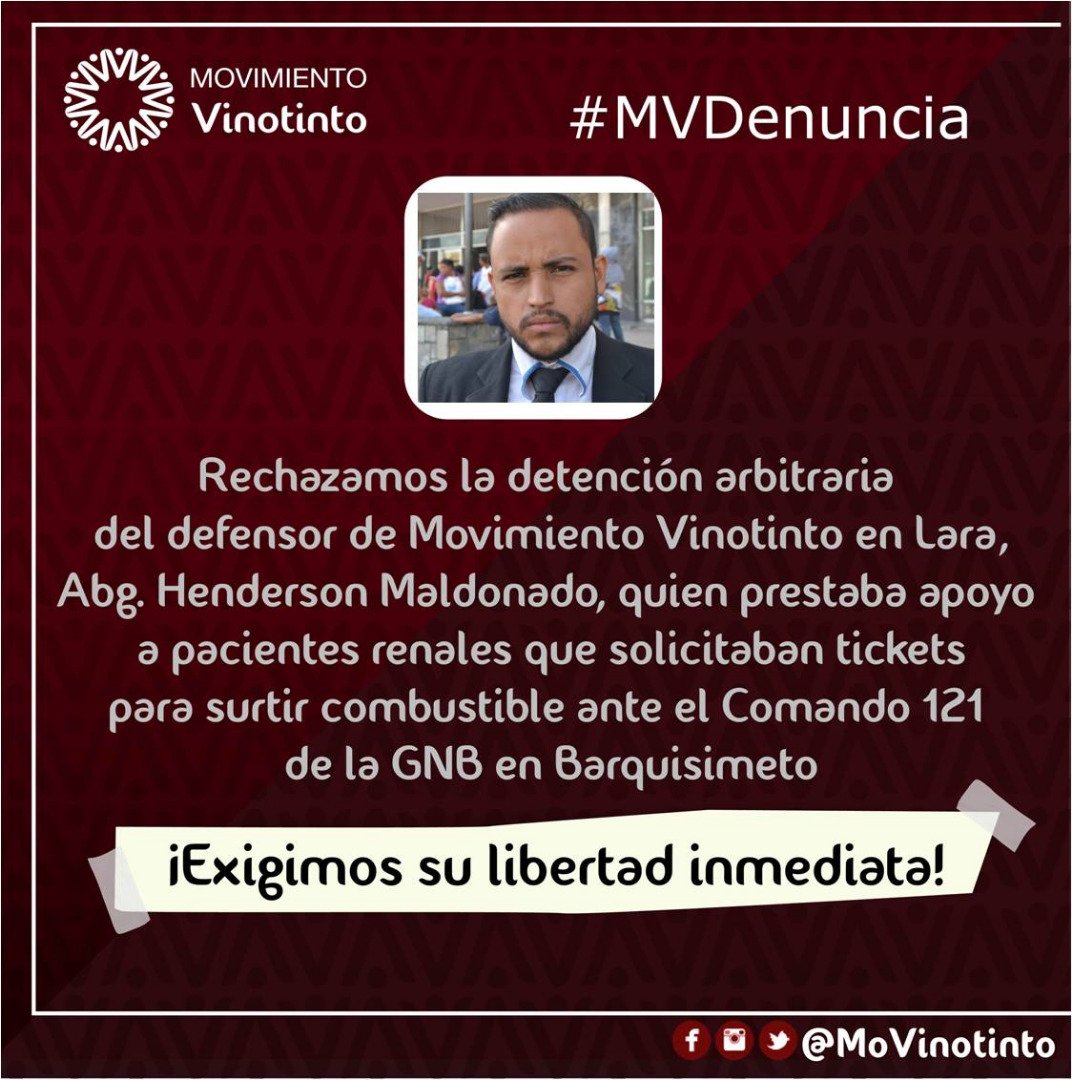 movinotinto's tweet photo. Rechazamos la detención arbitraria de nuestro defensor Abg. Henderson Maldonado este #31Mar quien se encontraba ante el destacamento 122 de la GNB en Barquisimeto acompañando a pacientes renales a solicitar tickets para surtir gasolina #LiberenAHenderson https://t.co/kXIBCHxXcE