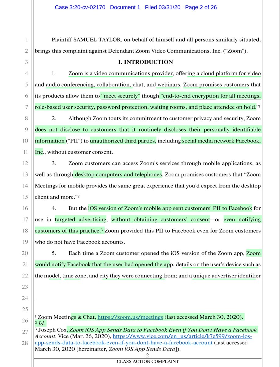 GOOD LORD - so it turns out that  @zoom_us sent your PII to  @Facebook with OUT your consent or knowledge If you used Zoom’s iOS that company sent FB the following - according to a class action suit filed today  https://ecf.cand.uscourts.gov/doc1/035019121308?caseid=357352