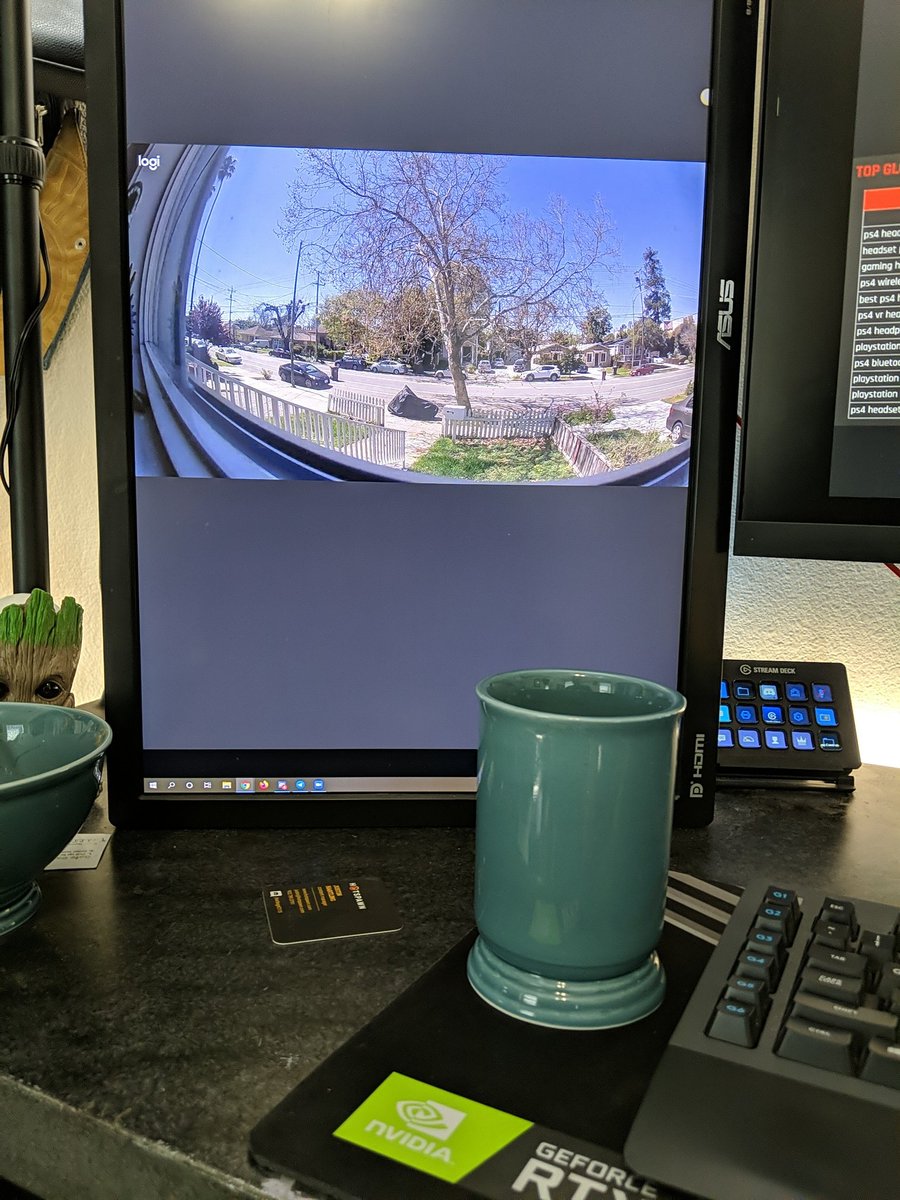 ThadeousC's tweet photo. I find myself puting individual items in my Amazon cart and placing my order then waiting a day to add the next item so the delivery man comes every day and I get to say hi to someone. #ExtrovertInIsolation
The pic is my screen I have setup to watch for the delivery guy. https://t.co/9kf94Qs2BI