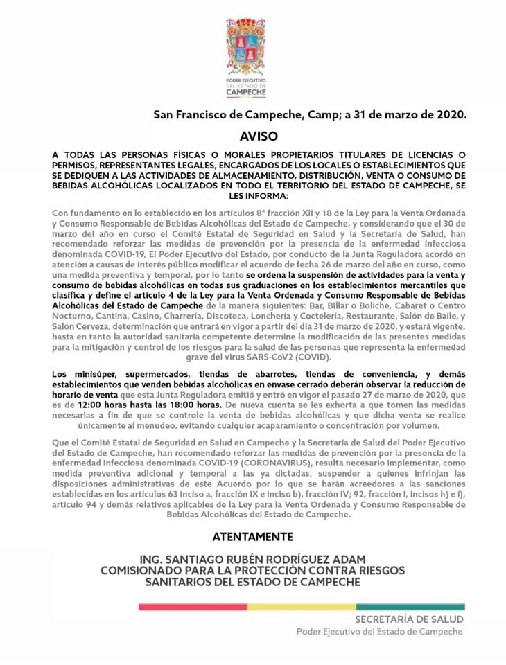InfoMedia_mx's tweet photo. 🚨 SE SUSPENDEN VENTA Y CONSUMO DE BEBIDAS ALCOHÓLICAS EN BARES, CANTINAS Y RESTAURANTES EN #CAMPECHE #COVID19 https://t.co/QBKp2JmxQI