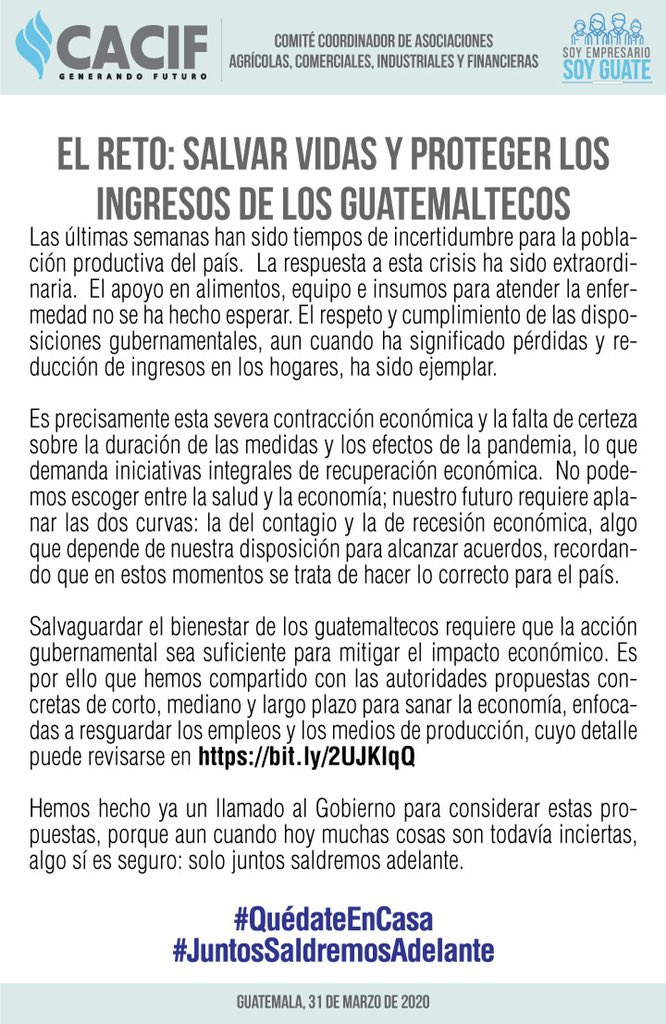CACIFGuatemala's tweet photo. #COVID19GT Mensaje del Sector Empresarial Organizado 
Consulte la propuesta aquí: https://t.co/w7GhuiDek1 https://t.co/kjtz2PEHB2