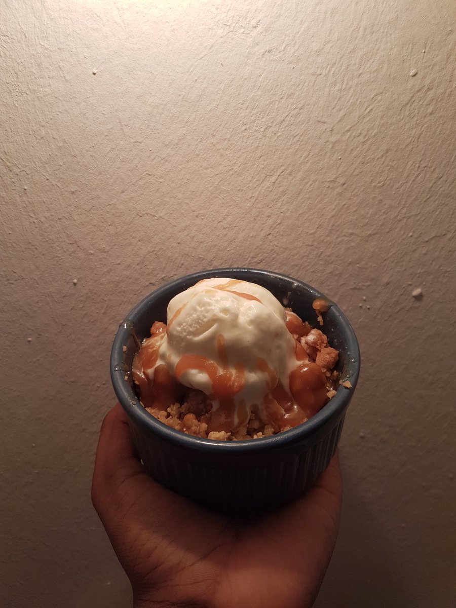 Quarantine cuisine Apple Crumble with Salted caramel sauce and a scoop of ice cream