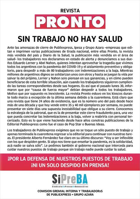 Mucha fuerza a los trabajadores de <a href="/Revista_PRONTO/">Revista PRONTO</a>