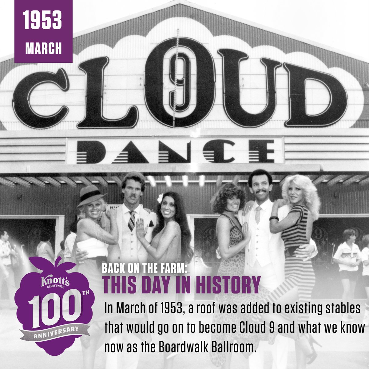 knotts's tweet photo. The Boardwalk Ballroom was originally stables for the 1950 Mark Smith Horse Show. In Mar. 1953, a roof was added. In 1976 it became Cloud 9 Ballroom, a neon-covered nightclub. Then became a movie theatre and finally the multi-purpose venue used today. #TodayInHistory #Knotts100 https://t.co/juQp2taqNR