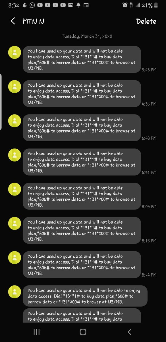 Mygee33's tweet image. @MTN180 This is becoming  nightmare!!!!! Countless messages, yet I have data on my phone. In this #COVID lockdown we expect you to #reducedata charges.