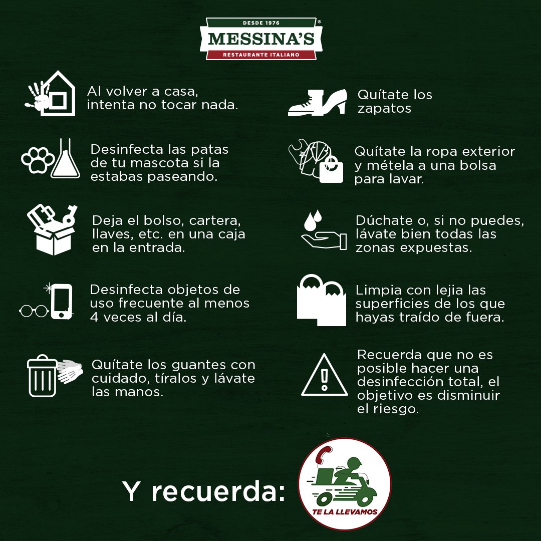PizzaMessinas's tweet photo. NO SALGAS, NOSOTROS NOS ENCARGAMOS DE LLEVARTE TU COMIDA FAVORITA HASTA LA PUERTA DE TU HOGAR. Contamos con servicio a domicilio sin costo adicional. 
A continuación te dejamos algunos tíos preventivos. https://t.co/b2fcCbEgcq