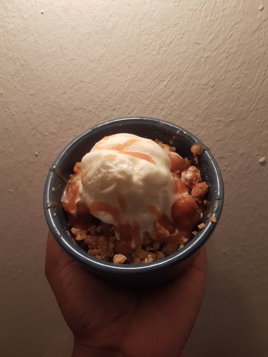 Quarantine cuisine Apple Crumble with Salted caramel sauce and a scoop of ice cream