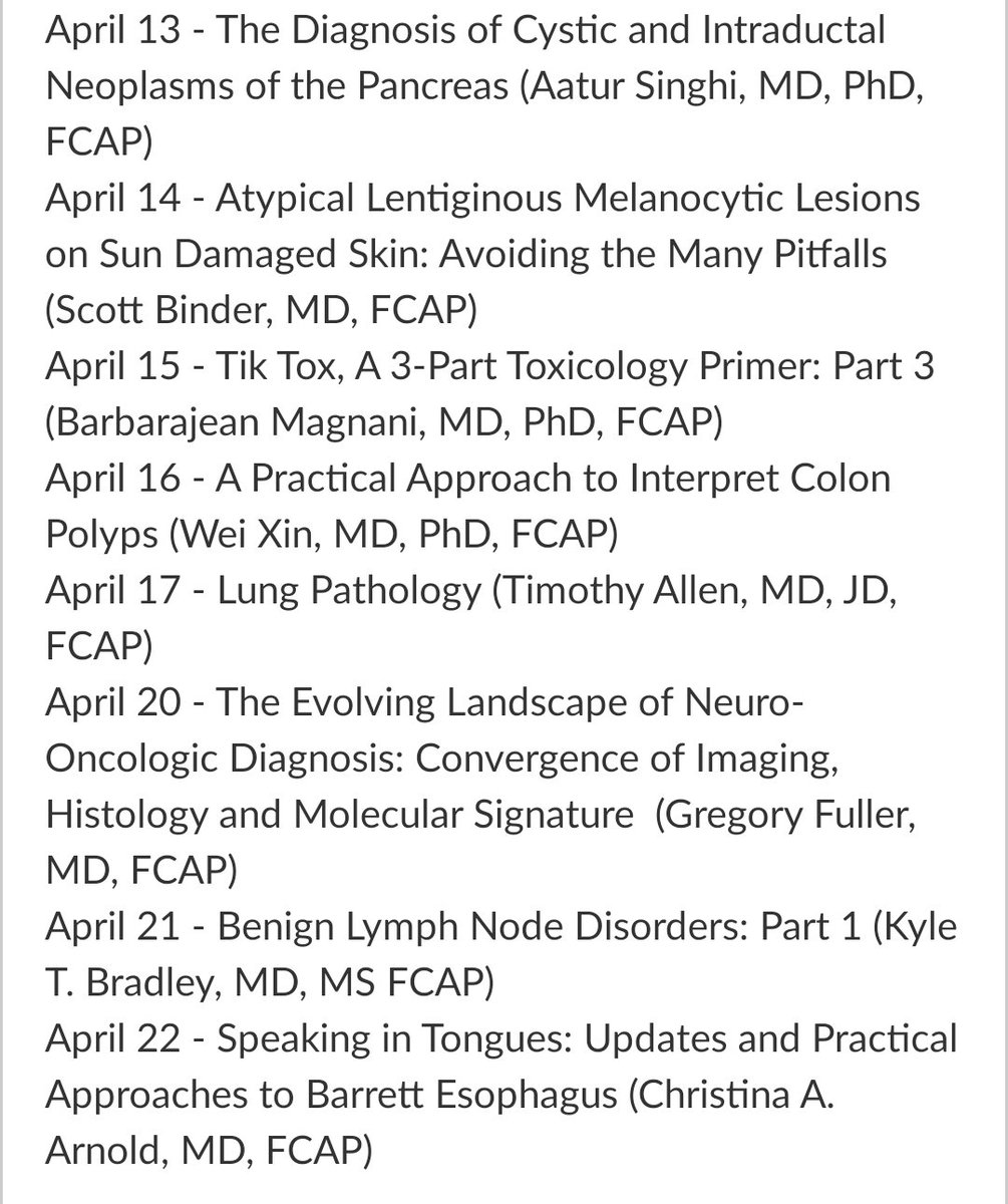 The CAP (<a href="/Pathologists/">CAPathologists</a>) is launching Virtual Live Lectures for pathology residents. 

Join us every weekday at 10am CT for expert lectures. 

Series kicks off tomorrow, 4/1, w/ @bjmagnani speaking on Tik Tox. Learn more: capatholo.gy/virtual-lectur…