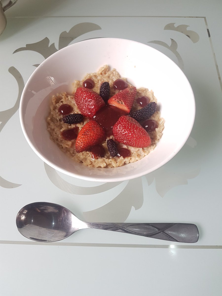 Quarantine cuisineOatmeal with strawberries, mulberries and berry coulisDalgona Coffee again cus I'm developing an addiction