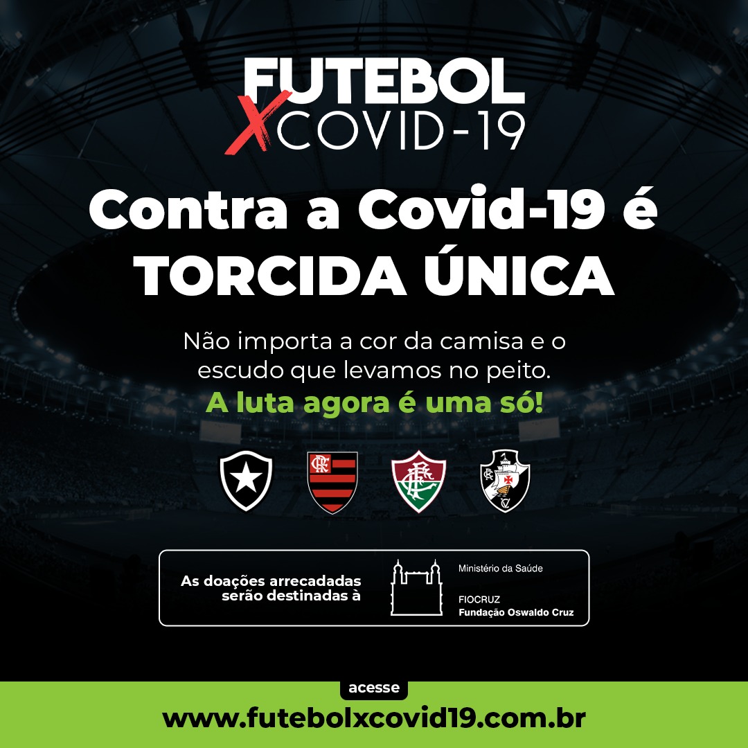 Agora nós temos o mesmo rival: o novo coronavírus. Nos
unimos para levantar a bandeira da solidariedade e você é o nosso maior aliado! Acesse http://futebolxcovid19.com.br e faça a sua doação. Vamos vencer essa luta para em breve estarmos de volta às arquibancadas! #FutebolxCovid19