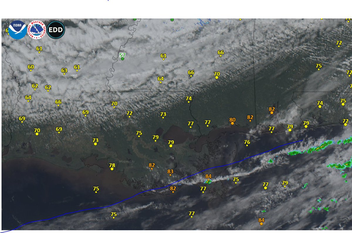 NWSNewOrleans's tweet image. 2:30 pm radar/satellite image with temperatures plotted show the cold front (blue line) pushed through most land areas. Drier, less humid air immediately follows frontal passage, but cooler temperatures lag a bit, mainly in cloudier inland areas. #lawx #mswx