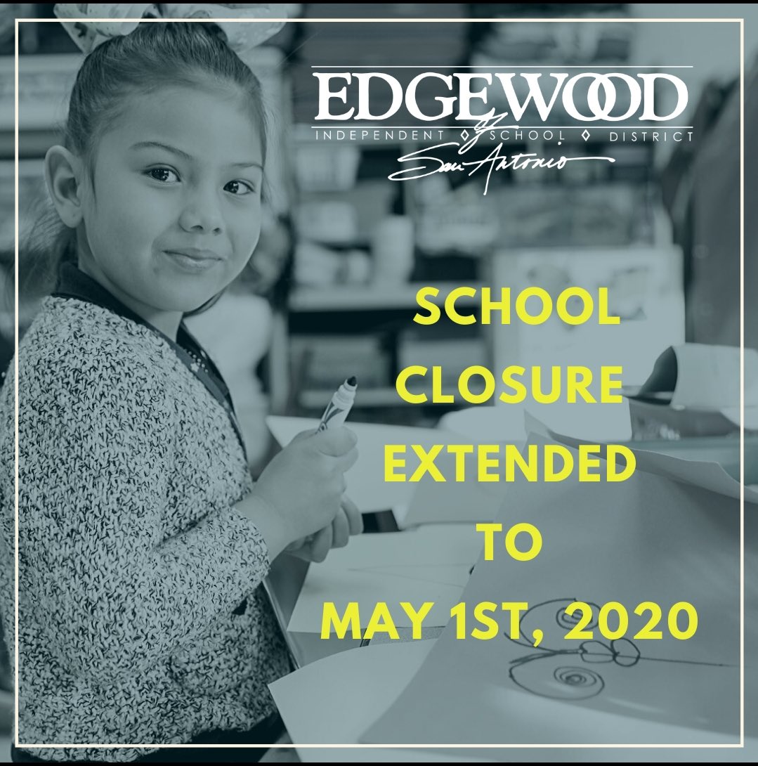 Edgewood ISD in accordance with maintaining the safety of our community our closure will extend until May 01 in order to protect our students/staff! I thank you for your prayers &amp; Support!
#DrH_OnTheEdge
#DetailsMatter
<a href="/EISDofSA/">Edgewood ISD</a> @WeGoPublic @SACharterMoms
<a href="/EmilyJDonaldson/">Emily Donaldson</a>
