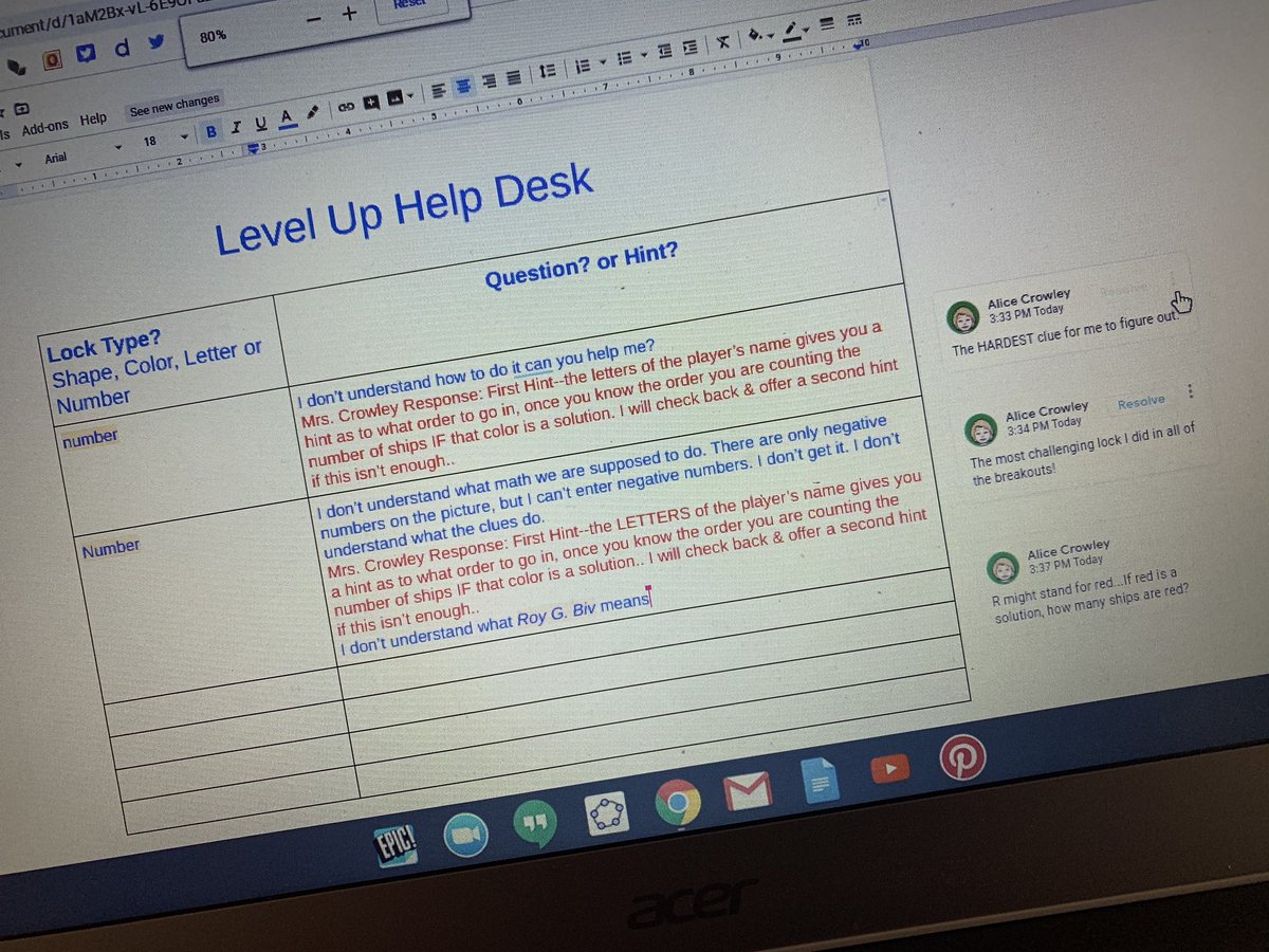 MathMrsCrowley's tweet photo. Using @breakoutEDU as a #distancelearning #reviewactivity! created @googledocs so students can help each other &amp; get hep from me. #missmystudents #stilteaching #ackcps #7thgrademath #iteachmath https://t.co/NQ4OMPpF8A