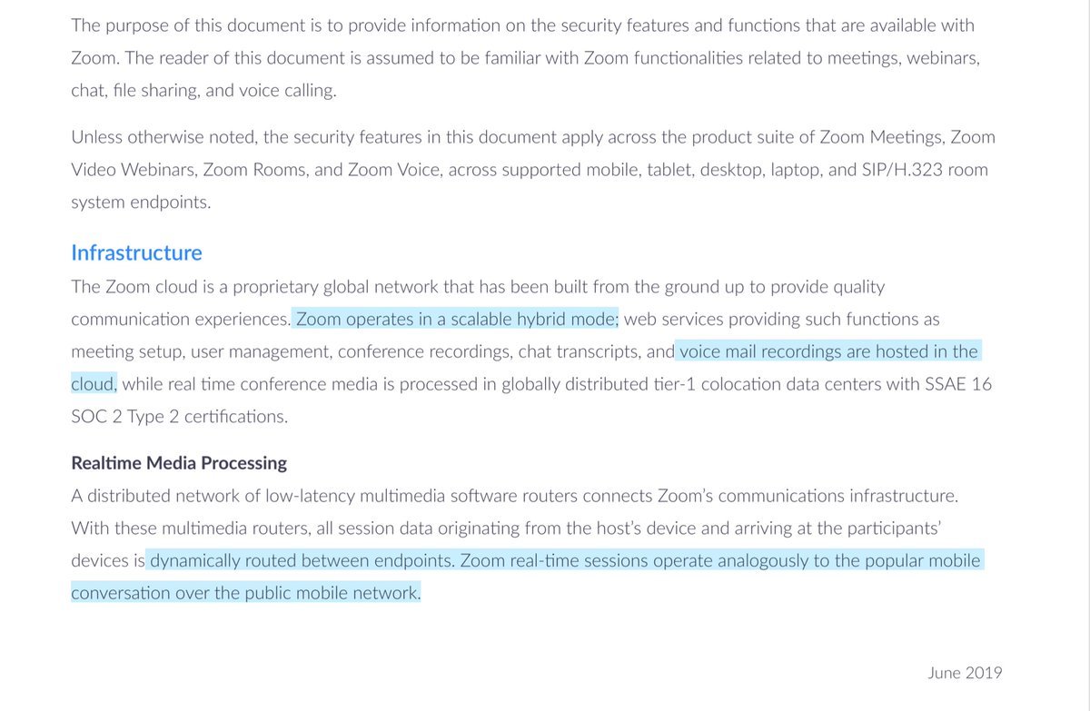 Since Zoom 404’d the June 2019 White Paper. In the spirit of being “fair” I was able to locate their “security white paper” which might be the white paper incorporated in the Class Action Complaint https://zoom.us/docs/doc/Zoom-Security-White-Paper.pdfPublic Drive - just in case  https://drive.google.com/file/d/1nVK53zQ6dHFjELJ-yAbTWRfRph6PgPP7/view?usp=drivesdk