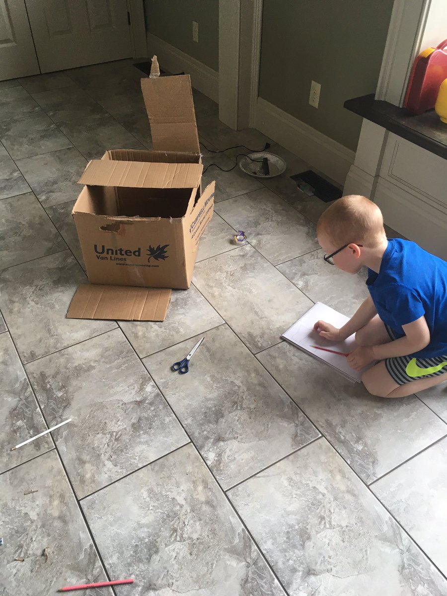 MrsSarahCassidy's tweet image. Today’s #LearnAtHome was all #playbased. Problem: cat needed a home. Solution: cardboard box. So much problem solving, communication, language, measuring, spatial reasoning. Bonus is we got to talk about our energy and tension when they felt frustration.