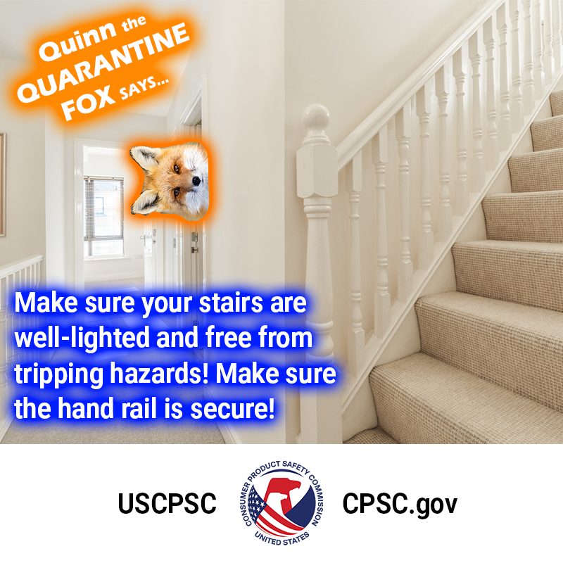 A fox on a staircase well lighted and clear of objects. The text reads - Quinn the Quarantine Fox says make sure your stairs are well lighted and free from tripping hazards. Make sure your hand rails are secure!