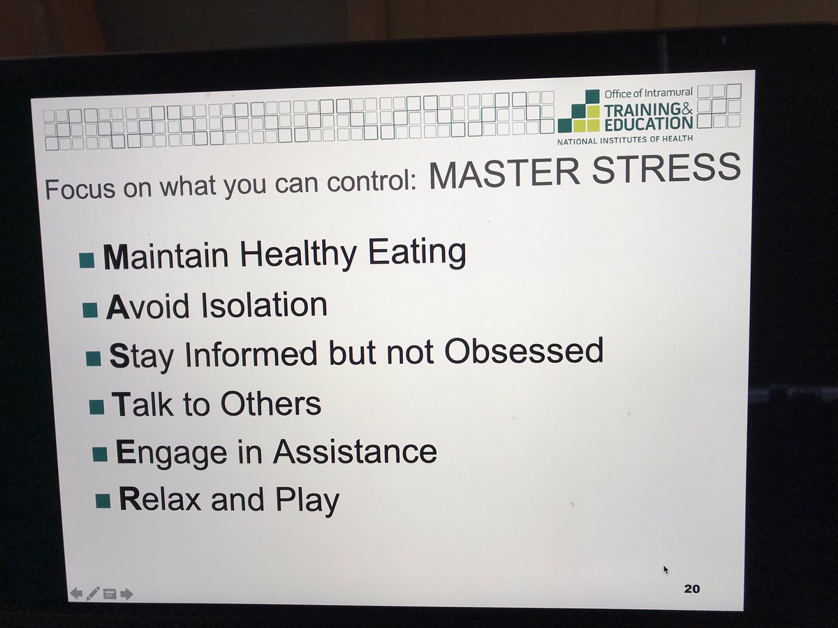SharonMilgram's tweet photo. My wellness tip today, courtesy of Dr. Kelly Donahue, one of our amazing OITE wellness advisors. This is a helpful pneumonic for mastering stress from @NIH_OITE workshop. You can access tapes of both stress management workshops we offered by visiting https://t.co/wb5njJ2JzC https://t.co/GI2oJ85uyu