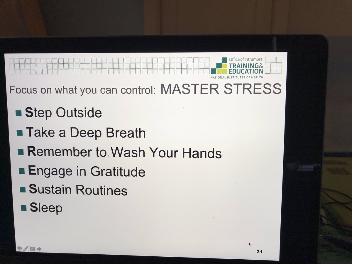 SharonMilgram's tweet photo. My wellness tip today, courtesy of Dr. Kelly Donahue, one of our amazing OITE wellness advisors. This is a helpful pneumonic for mastering stress from @NIH_OITE workshop. You can access tapes of both stress management workshops we offered by visiting https://t.co/wb5njJ2JzC https://t.co/GI2oJ85uyu