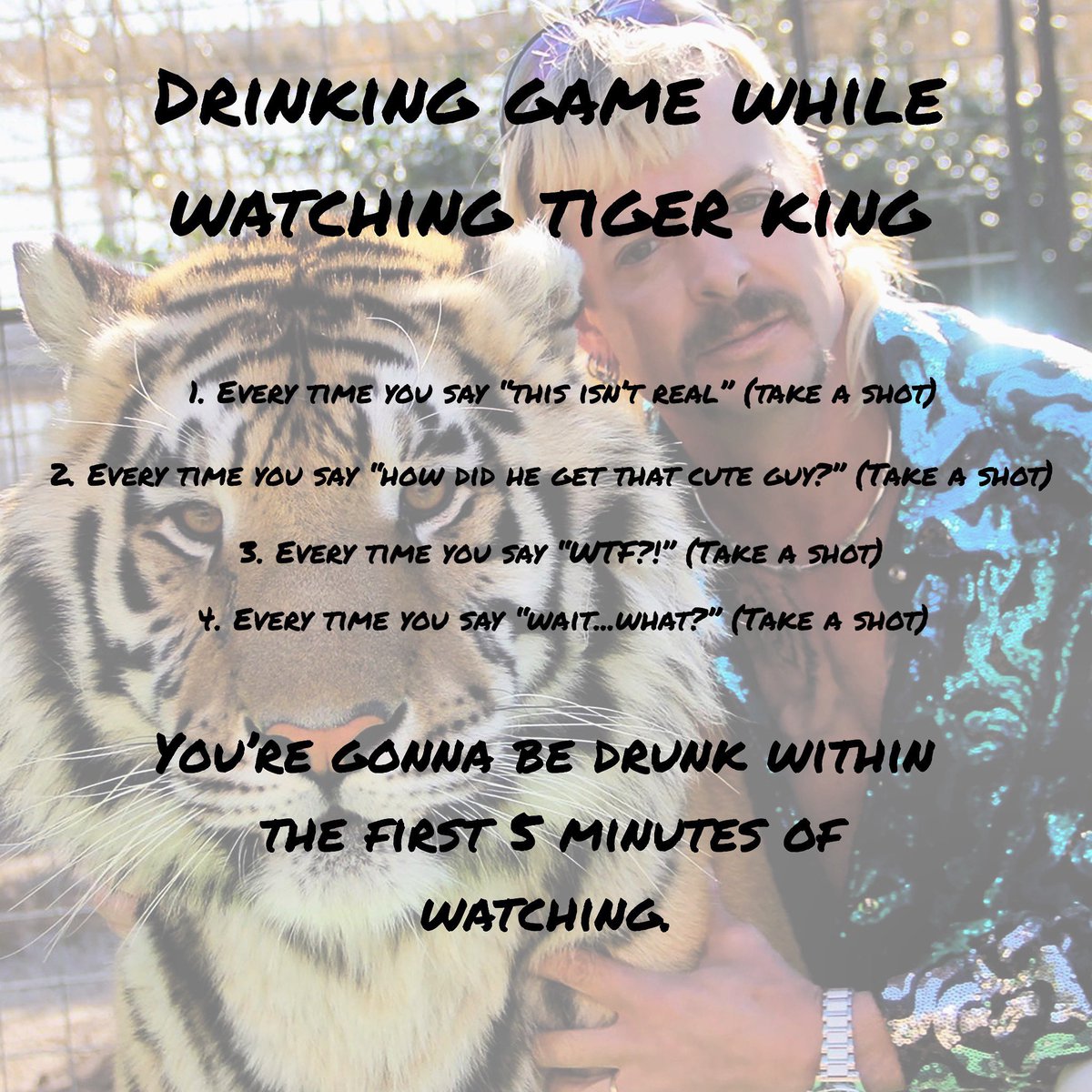 Ok so we know you’ve already probably binged 🐅 🤴🏻 and it probably drove your to drink BUT here’s a way to be a little more intentional with your viewing and drinking. Cheers friends, and seriously . . . WHAT THE 🤯  #TigerKing