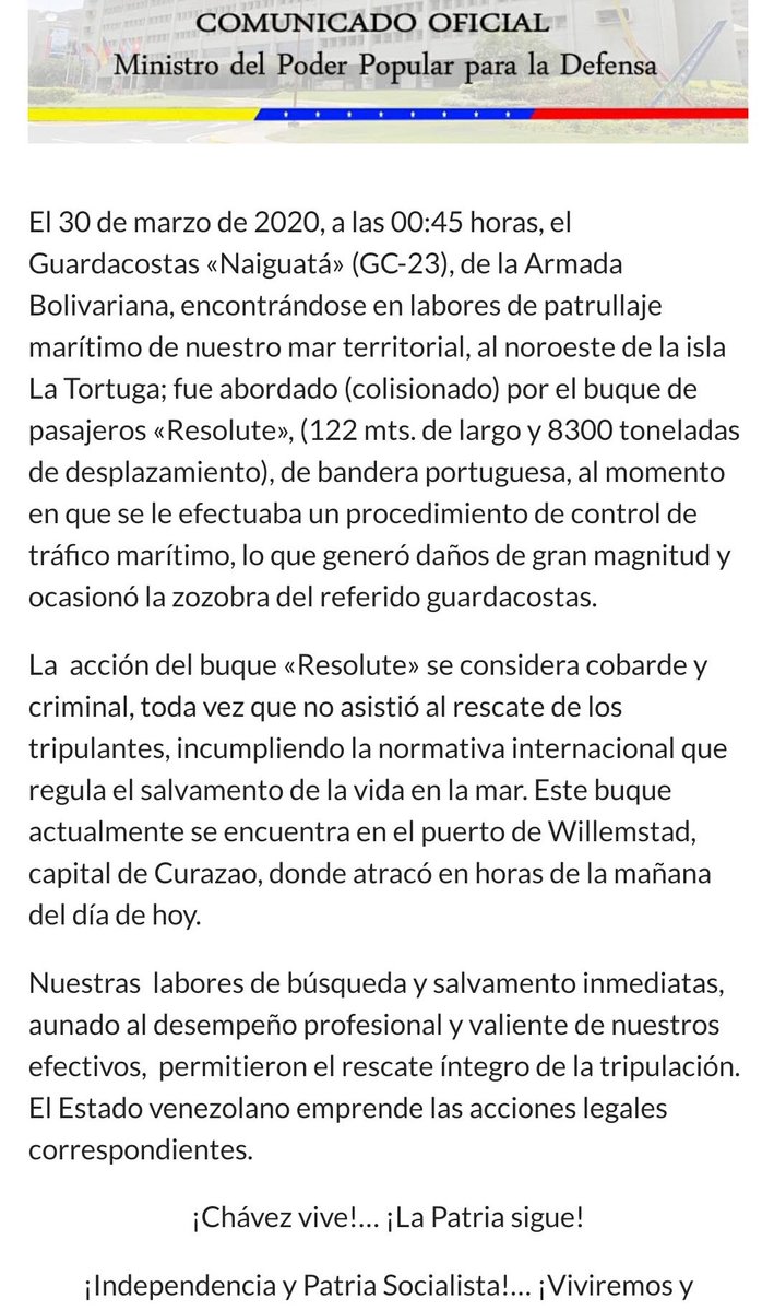 The Venezuelan navy OPV vessel the GC-23 Naiguata was sunk early yesterday morning after it collided with the Resolute, Passenger ship registered in Portugal. The Resolute continued to sale to Curaçao without rescuing the Venezuelan crew of the sinking vessel.  #Venezuela