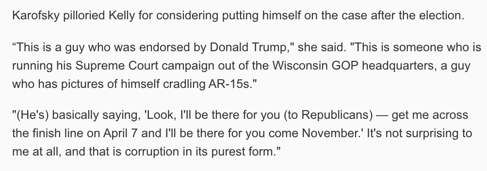 Dan Kelly's likely support for the WI voter purge is emerging as a key issue in the race. And  @judgekarofsky is rightly calling out Kelly for it. Voter suppression might be a key GOP strategy, but it's one they like to conduct under cover of darkness. https://www.jsonline.com/story/news/politics/elections/2020/03/31/wisconsin-voter-purge-supreme-court-race-daniel-kelly-jill-karofsky-ethics-fight-recuse/5091095002/