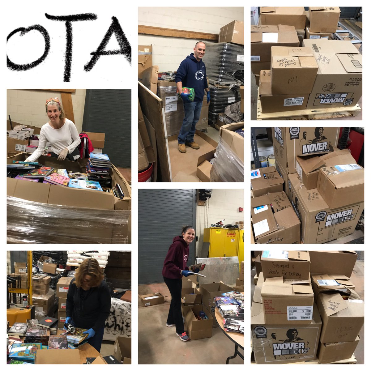 OssiningA's tweet photo. Thank you to the OTA Executive Board for sorting, stamping, and packing 3 pallets of books to be distributed to students (with gloves &amp; social distancing of course)! We have plenty more too - this is just a start!!!! @OssiningSchools #opride https://t.co/sLW89DU45t