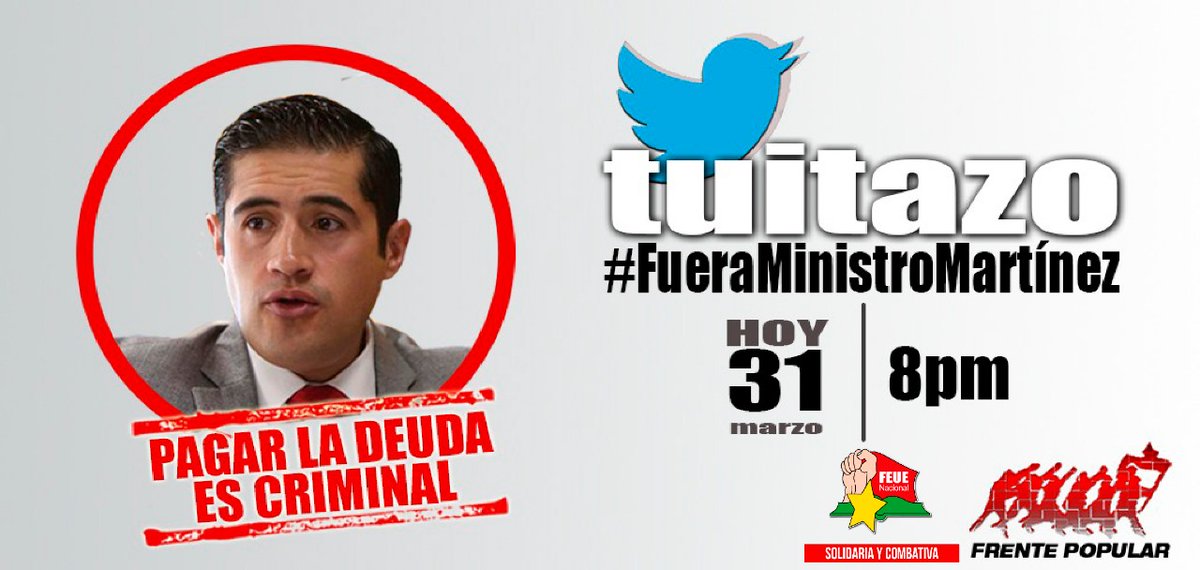 🔴 ¡Pagar la deuda es criminal!
Hoy tuitazo para exigir la renuncia de <a href="/RichardM_A/">Richard Martínez</a>, súmate 20H00pm
#FueraMinistroMartínez