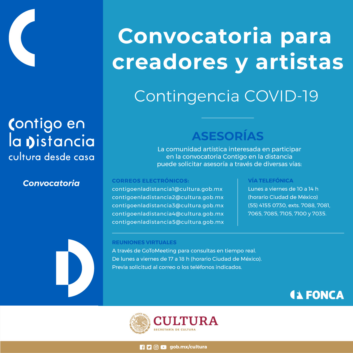 ¿Te interesa participar en la Convocatoria #ContigoEnLaDistancia?😮

¡Te asesoramos a través de diferentes medios!📞✉️💻

🔵Consulta las bases generales de participación en foncaenlinea.cultura.gob.mx