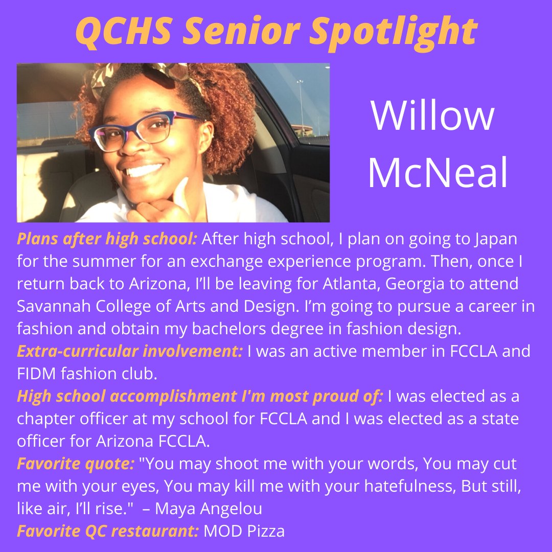 qcusd's tweet photo. SENIOR SPOTLIGHT: We would like to introduce you to the Queen Creek High School Class of 2020. Help us congratulate, Willow McNeal!! #QCLeads #QueenCreek #QueenCreekHighSchool #AZFCCLA #ArizonaFCCLA #YouthLeadership #Leadership #StateOfficerCandidate #StateOfficer https://t.co/XWYvnGMoyr