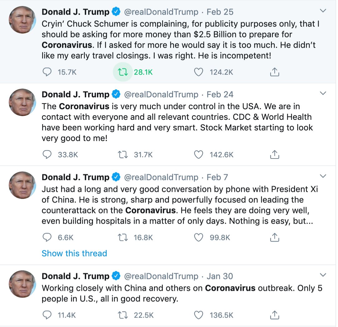 samstein's tweet photo. President Trump was so distracted by impeachment that he couldn’t focus on coronavirus that he spent 21 days between 2/7 and 2/24 never mentioning coronavirus on twitter (impeachment ended on 2/5) https://t.co/izbYs4Mksi