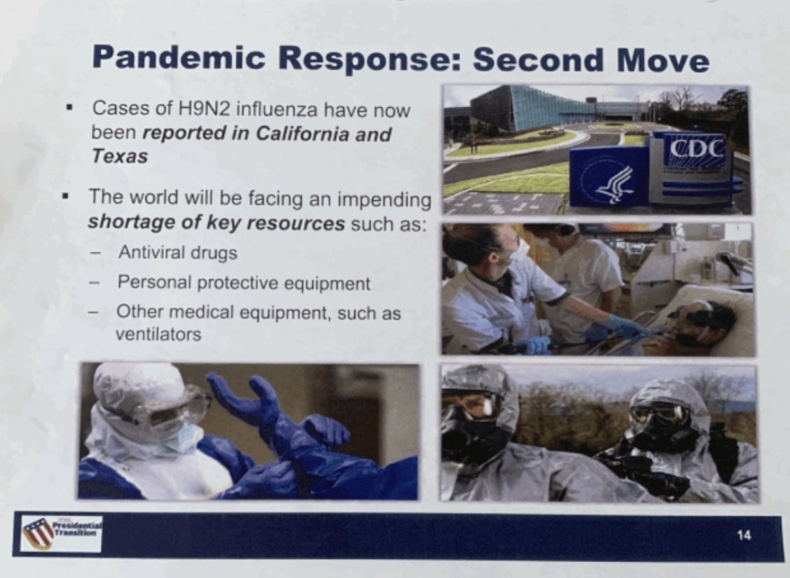 In Jan 2017, a week before Trump takes office, Obama staffers run a pandemic response exercise for incoming senior Trump cabinet officials that warns of critical shortages of PPE, ventilators, etc.
