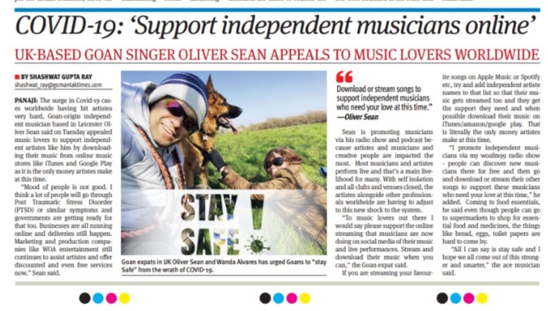 At a time when #COVID19outbreak
has affected the artistes in a big way, Goan musician based in Leicester UK @oliversean has urged music lovers to support independent musicians by downloading or streaming their other songs from online platforms to support these artistes.