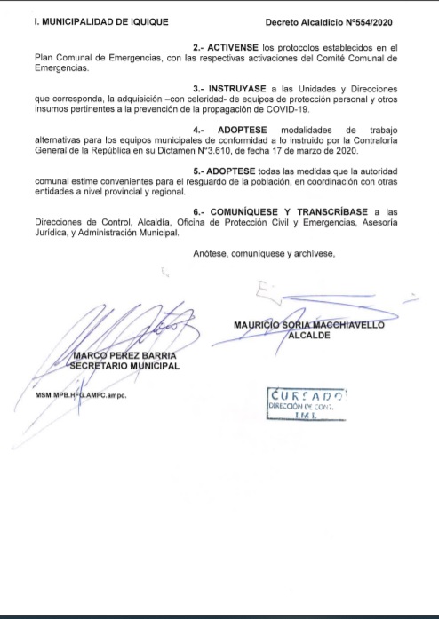 🔵HACE INSTANTES: Alcalde <a href="/MauricioSoriaM/">MauricioSoriaM</a> firmó Decreto Alcaldicio N°554 que PRORROGA Estado de Emergencia Comunal en #Iquique mientras dure el Estado de Excepción Constitucional de Catástrofe en 🇨🇱 y mantiene activos protocolos del Plan Comunal de Emergencias...

#IquiqueSeCuida