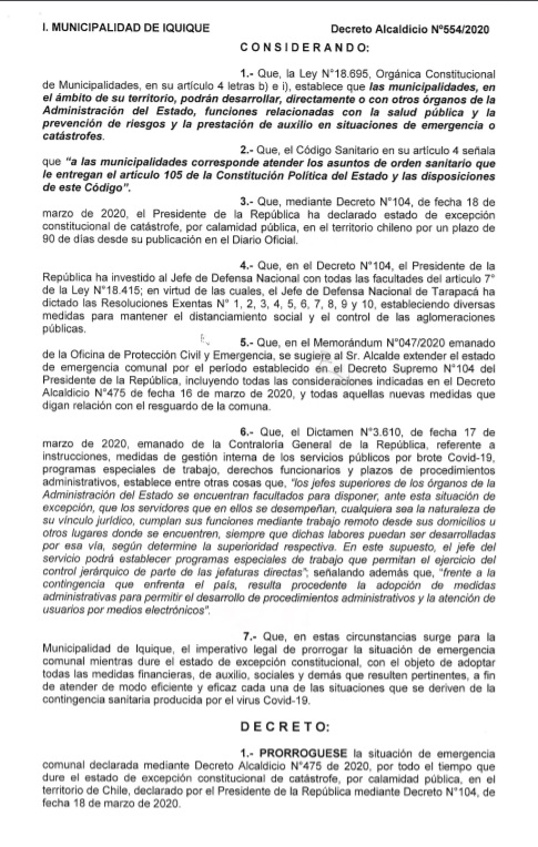 IquiqueDeTodos's tweet photo. 🔵HACE INSTANTES: Alcalde @MauricioSoriaM firmó Decreto Alcaldicio N°554 que PRORROGA Estado de Emergencia Comunal en #Iquique mientras dure el Estado de Excepción Constitucional de Catástrofe en 🇨🇱 y mantiene activos protocolos del Plan Comunal de Emergencias...

#IquiqueSeCuida https://t.co/TEszGc9MAr