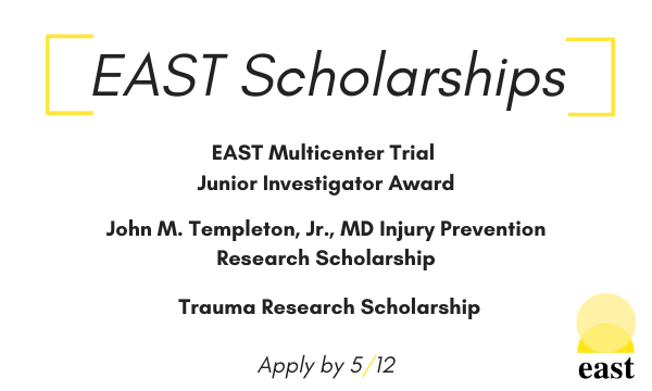 EAST_TRAUMA's tweet photo. Letters of Intent for multiple EAST research scholarships are now being accepted!

Submit by 5/12.

Learn more: https://t.co/cogTyYGGhh https://t.co/LiihEWpB8t