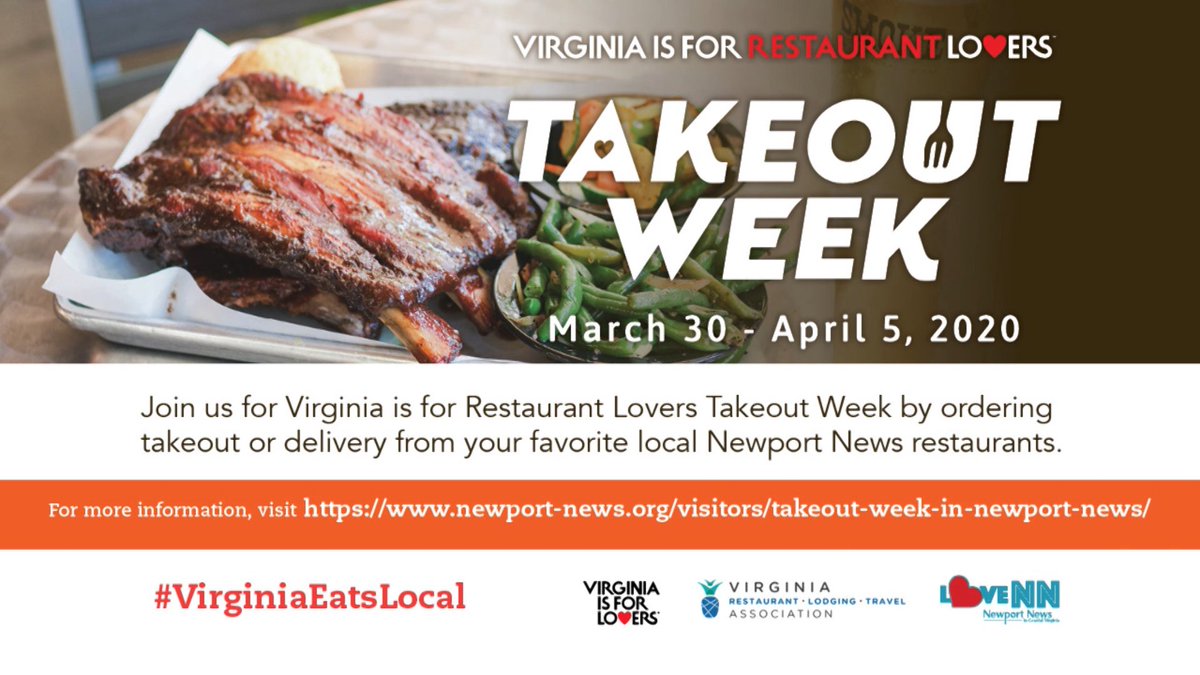 NewportNewsTV's tweet photo. https://t.co/En3ghAhMQ4
From 3/ 30 - 4/5 it's Virginia is for Restaurant Lovers Takeout Week. Enjoy a tasty meal to support our local restaurants! Sub to our YouTube https://t.co/PIYEyMsBQ3
#nntv #newportnews #goodnewsVA #sevenfiveseven #VirginiaEatsLocal
@CityofNN @NewportNewsVa https://t.co/MWifJOhGZz