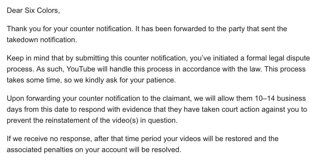 Good news! YouTube is on the case, and this should be resolved in <checks email>... 10-14 business days?