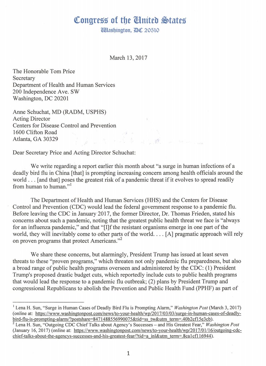 March 2017:  @SenWarren,  @PattyMurray and 3 House Dems write HHS Secretary Tom Price to raise concerns about the nation’s ability to respond to infectious disease threats. No response received.