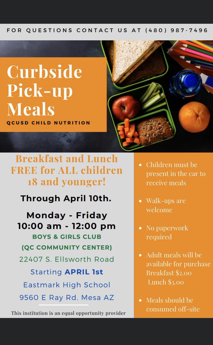 QcusdNutrition's tweet photo. *Reminder* QCUSD has 2 sites starting tomorrow! From 10am-12pm parents can pick up meals curbside at the Boys &amp; Girls Club of QC or Eastmark High School! 18 &amp; Under 👏🏼 https://t.co/OgSppYfQqb