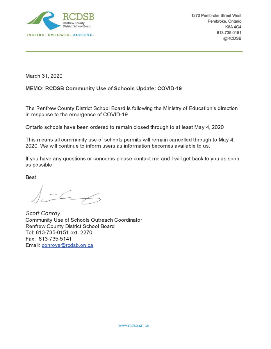 Community Use of Schools is cancelled through May 4, 2020. We will update user groups as more information comes forward.