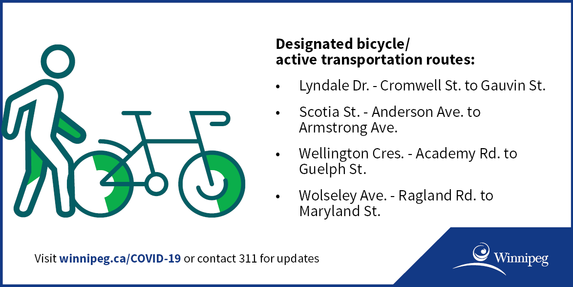 cityofwinnipeg's tweet photo. Starting Monday, April 6, 2020, vehicle restrictions on the four streets designated bicycle/active transportation routes will be in effect daily from 8 a.m – 8 p.m. https://t.co/ljX7YEucRx