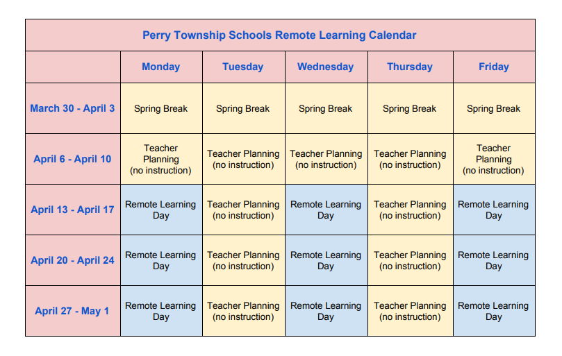 Our administrators &amp; teachers will use the week of April 6 to prepare new assignments for remote learning. Parents will receive further communication from your building principal within the next week.
For more information please visit: perryschools.org/news/remote-le…